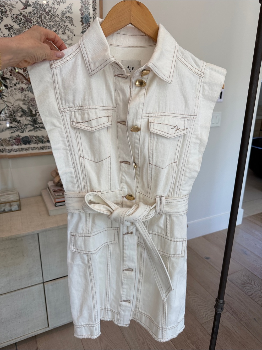 Aje Ivory Sleeveless Belted Denim Shirtdress